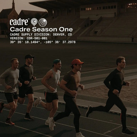 Group of men running on track under Cadre Season One branding in Denver CO representing discipline and consistent progress.