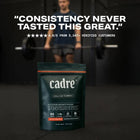Cadre Creatine Gummies bag in gym with testimonial quote Consistency Never Tasted This Great and 4.8 star customer rating.