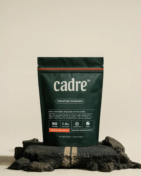 Cadre Orange Creamsicle Creatine Gummies bag on cracked asphalt surface, symbolizing strength, grit, and consistency.