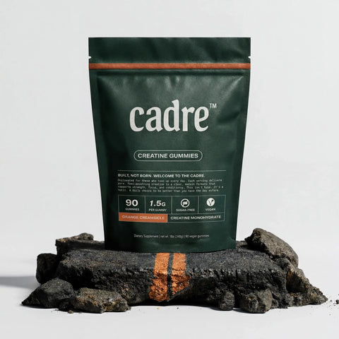 Cadre creatine gummies product shot featuring creatine monohydrate gummies in resealable pouch
