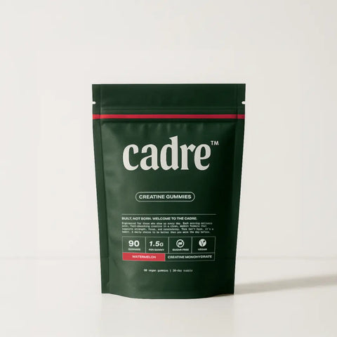 Cadre Watermelon Creatine Gummies bag on white background showing sugar-free, vegan, and 30-day supply details.